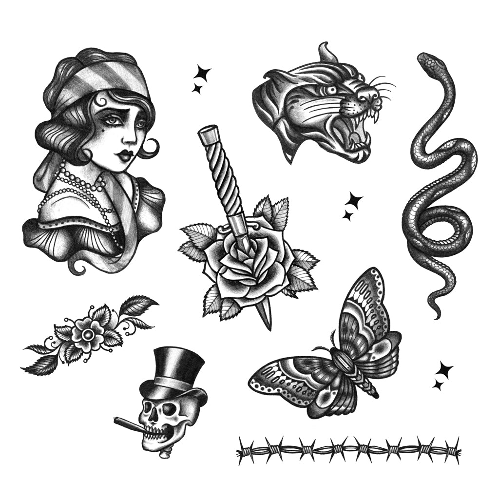 Blackwork Lady Temporary Tattoo Set (11 tattoos) – TattooIcon
